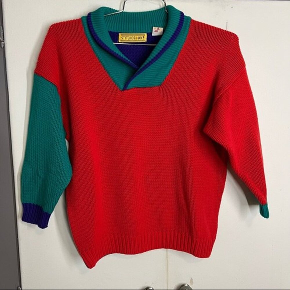 Stitches - ok! Red Vintage color block collard v-neck sweater size small
